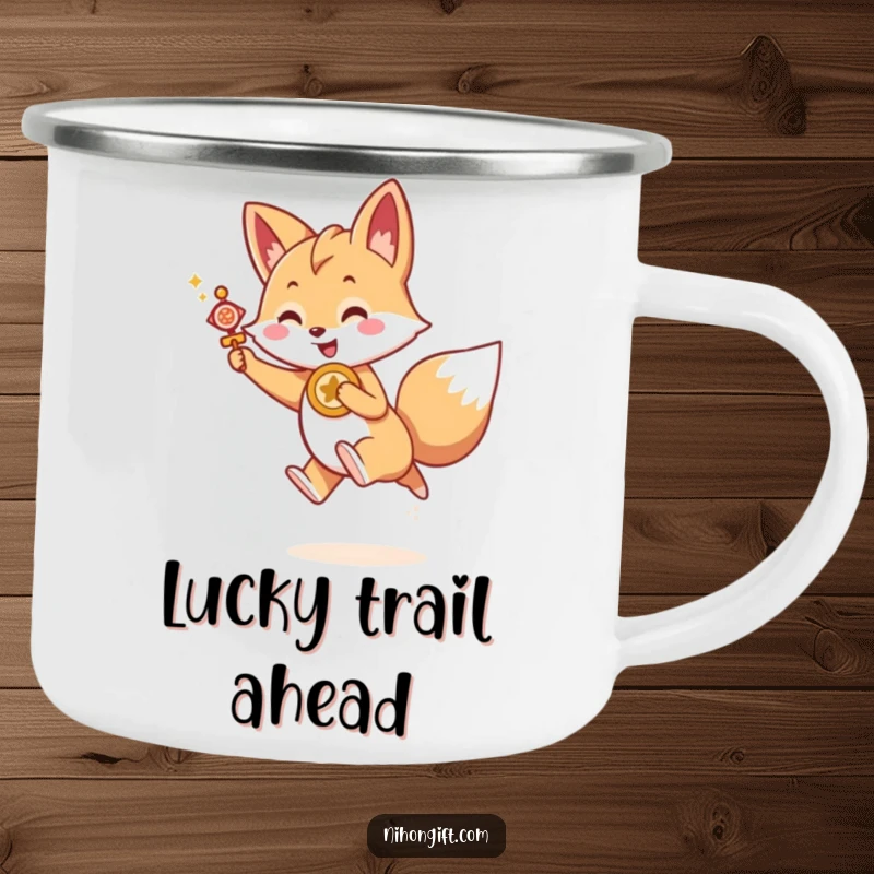 Funny Kawaii fox holding a lucky charm, joyfully leaping forward, on a sturdy camping mug, makes a great funny gift.