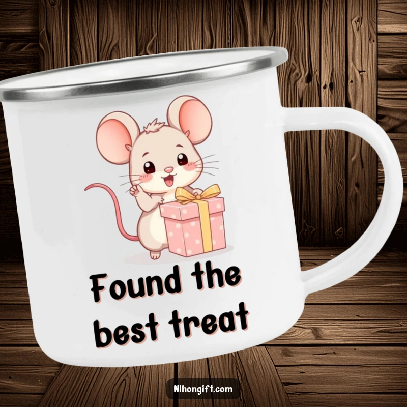 Funny kawaii mouse excitedly pointing at a wrapped gift on a camping mug, ready for exciting outdoor adventures.