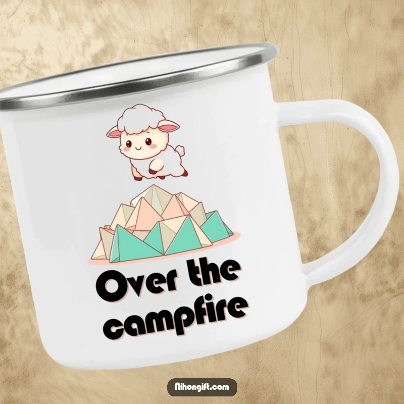 Funny Kawaii Sheep Camping Mug showing a sheep bounding over a pile of folded origami.