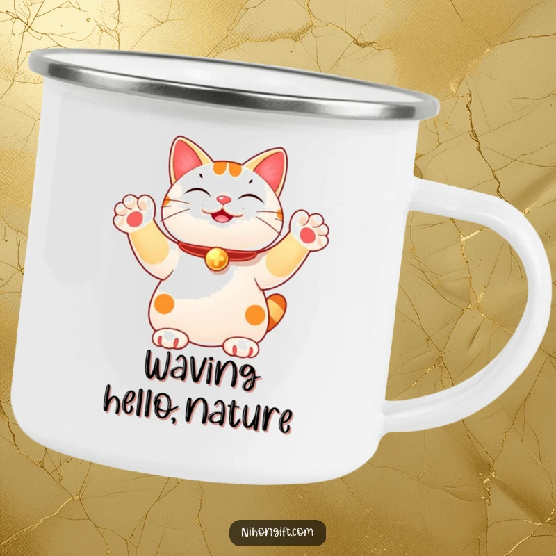 Funny enamel camping mug featuring a lucky cat joyfully waving multiple paws, ready for outdoor adventures and good luck. A durable and humorous mug.