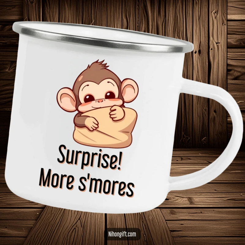 Funny monkey camping mug with a mischievous monkey peeking from behind a wrapped gift, great for outdoor enthusiasts.