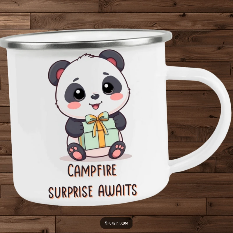 Funny Panda Camping Mug: A sturdy mug featuring a kawaii panda presenting a gift.