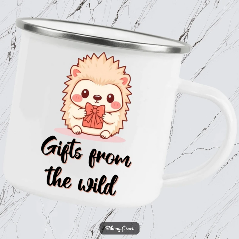 Funny Hedgehog Camping Mug: A durable mug featuring a kawaii hedgehog offering a tiny gift.