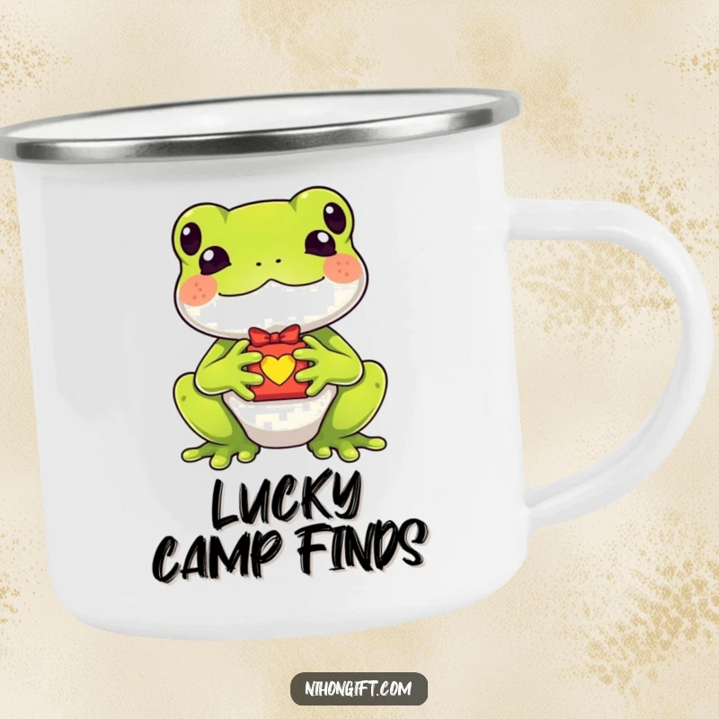 Funny kawaii frog holding a tiny lucky charm gift on a camping mug, ready for lucky outdoor adventures.