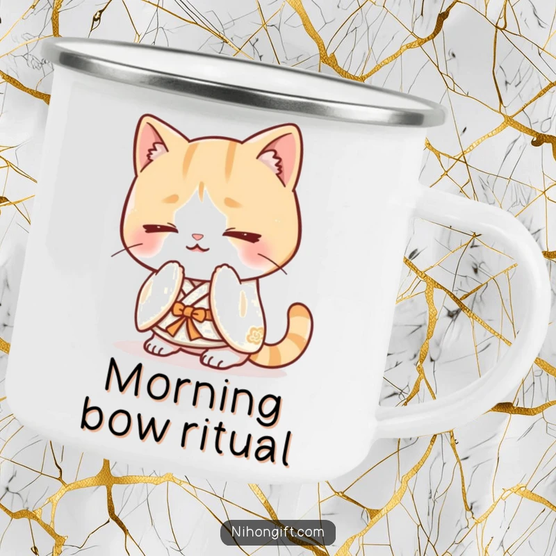 Funny kawaii cat wearing a kimono and bowing on a sturdy camping mug.