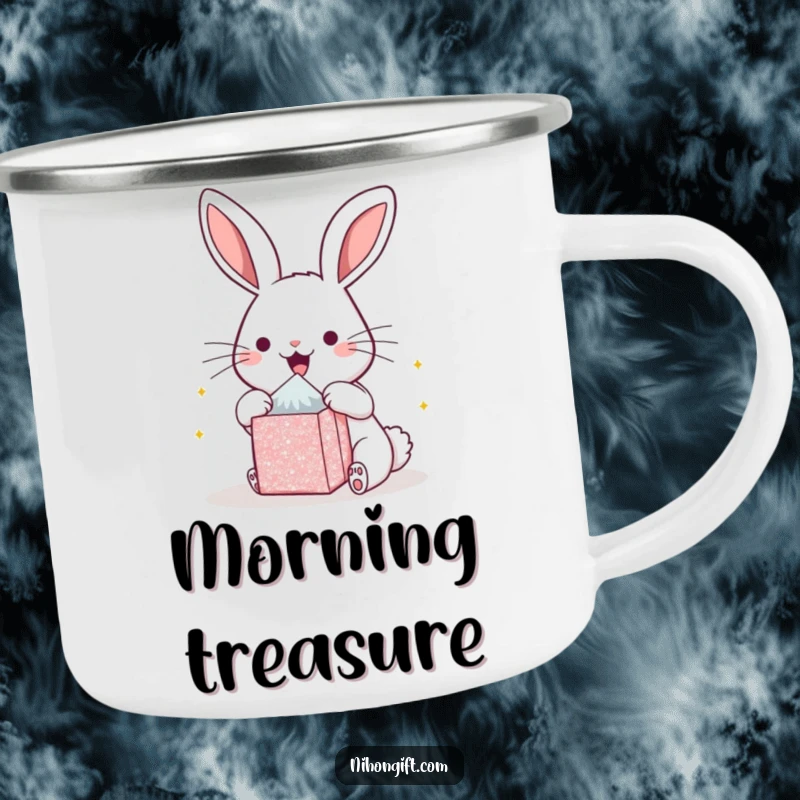 Funny kawaii bunny camping mug, joyfully unboxing a small, shiny package during an outdoor adventure. Perfect for hikers.