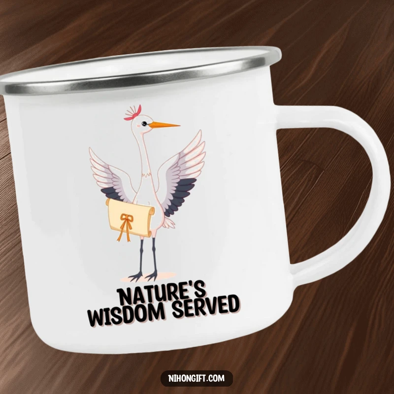 Durable camping mug showcasing a graceful crane holding a delicate scroll, perfect for enjoying beverages outdoors.