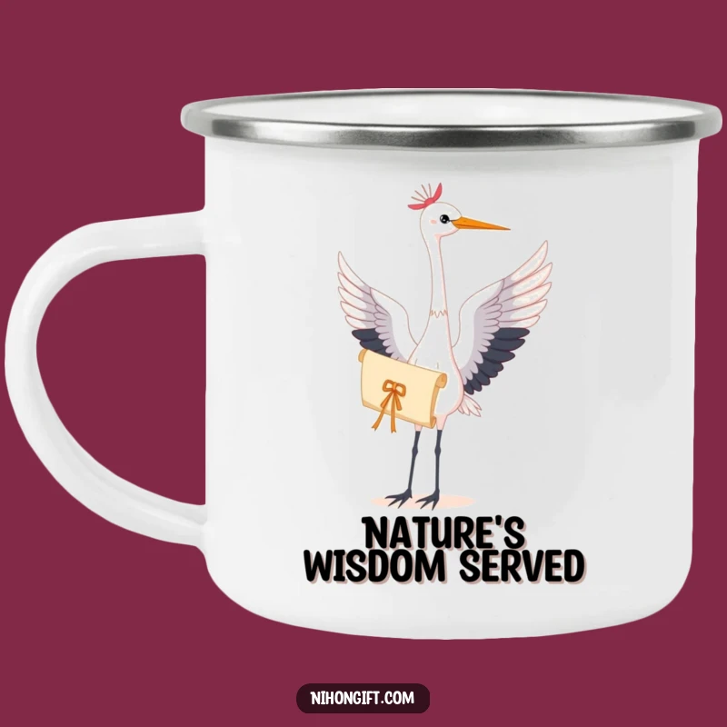 Serene Crane Scroll Camping Mug: Enjoy Nature with Artistic Flair