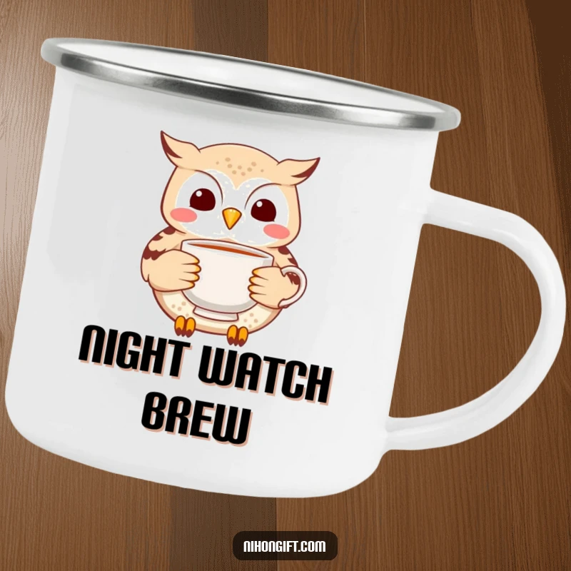 Funny Owl Tea Camping Mug: Cheerful owl carefully delivering a delicate ceramic tea cup in an outdoor setting.