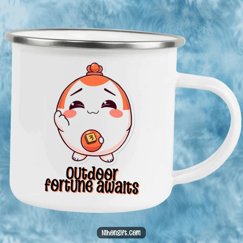 Funny! Sturdy camping mug with a smiling Daruma doll character offering a shiny coin, ready for outdoor adventures and humor.