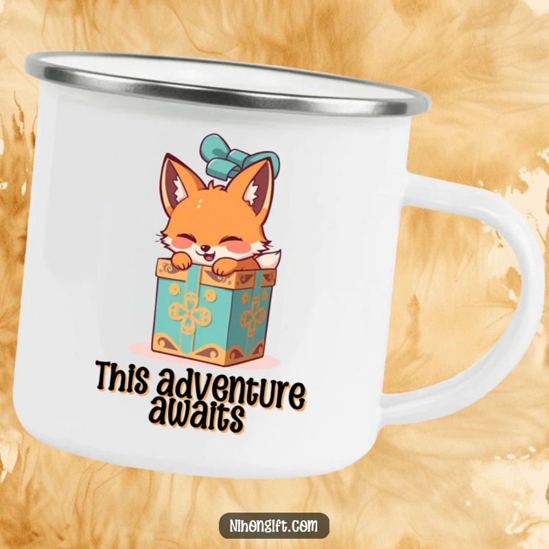 Funny fox in a camping mug, excitedly unwrapping a large, ornate gift box, ready for outdoor fun and humor.