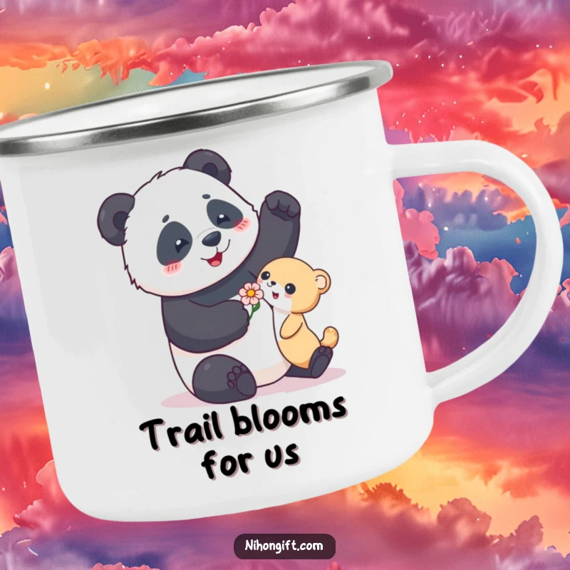 Funny camping mug showing a playful panda giving a flower, perfect for outdoor trips and humorous moments.