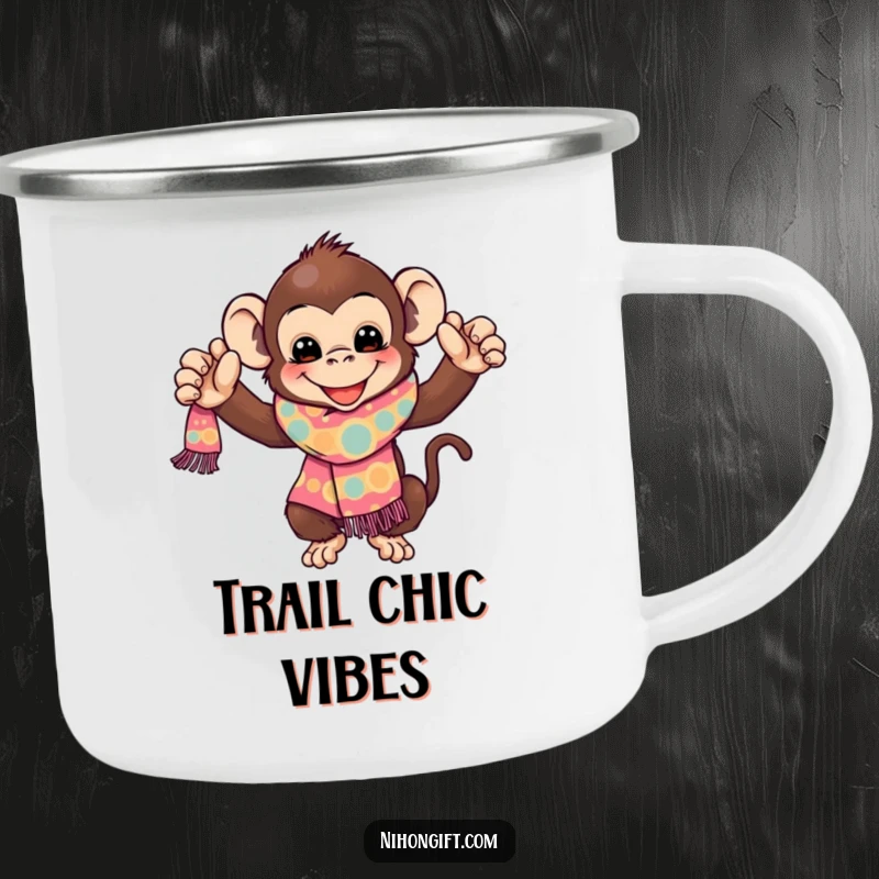 Funny Monkey Camping Mug: A gleeful monkey proudly displays a vibrant, patterned scarf, perfect for adventure lovers with a sense of humor.