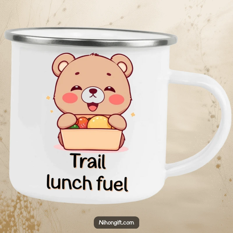 Funny kawaii bear cub cub with a bento box on a sturdy camping mug for outdoor fun.