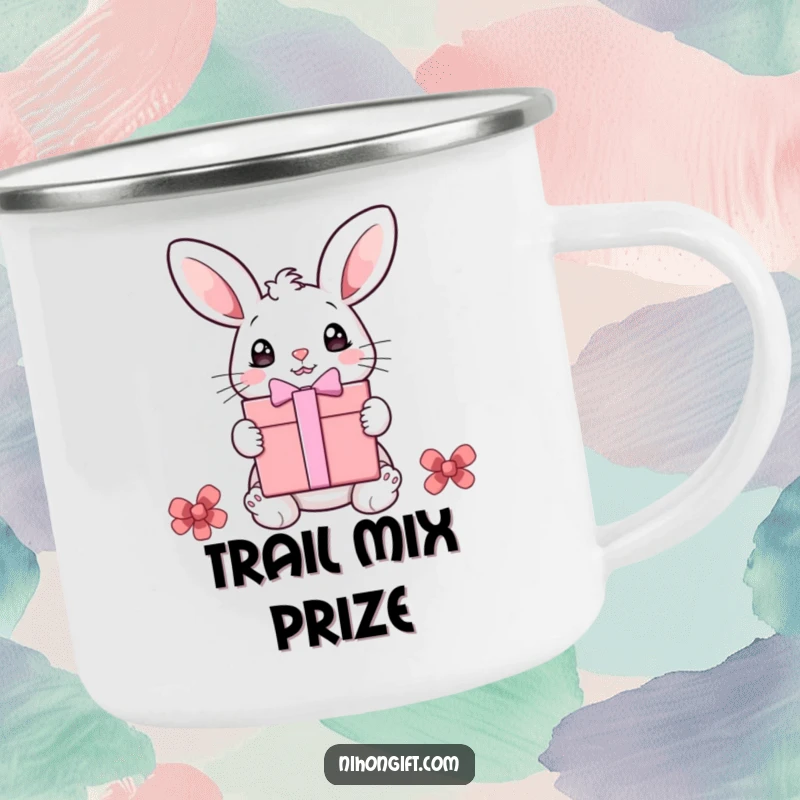 Funny bunny camping mug with a surprised bunny and gift box, ideal for outdoor use and humorous gifts.