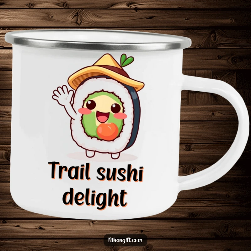 Funny camping mug with a charming sushi roll character in a straw hat, waving excitedly, perfect for outdoor drinks.