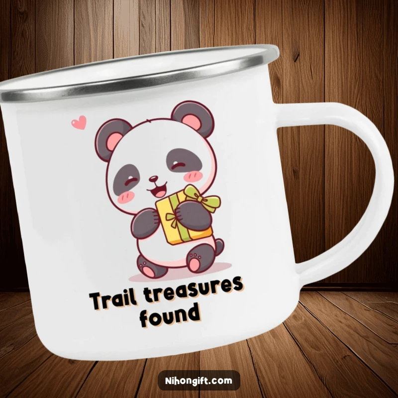 Funny kawaii panda holding a gift with a ribbon on a camping mug, perfect for cheerful outdoor hydration.