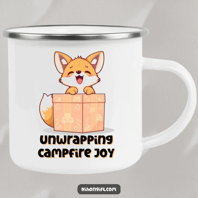 Funny cute fox puppy gleefully unwrapping a large, ornate gift box on a camping mug, ideal for humorous outdoor fun.