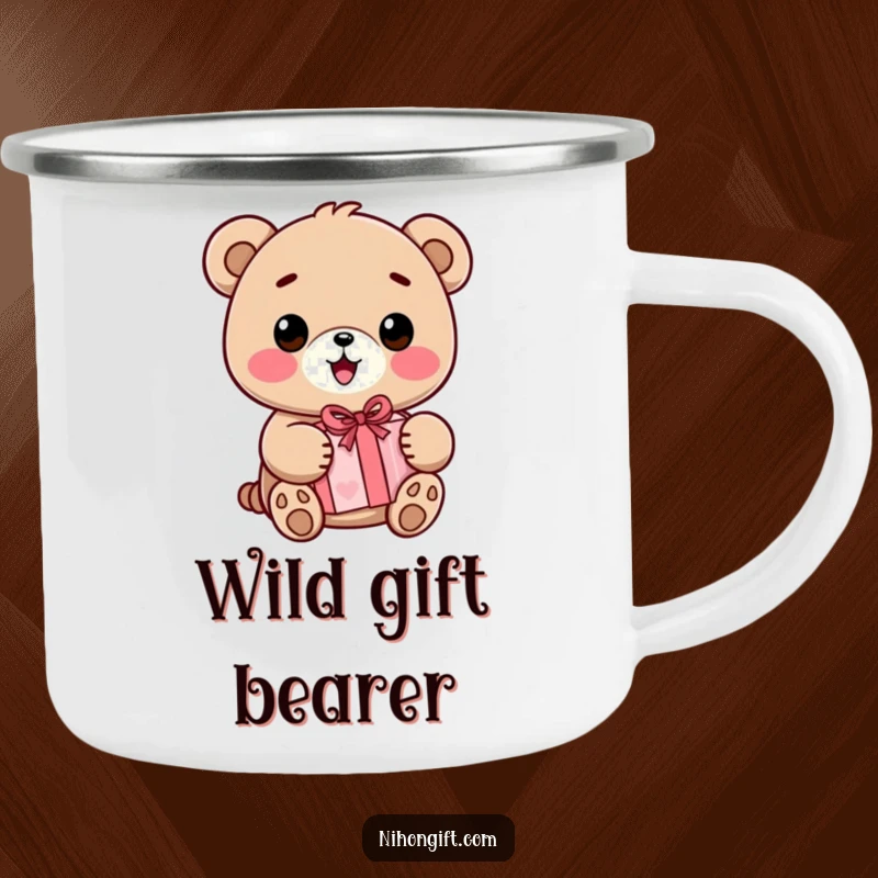 Funny Kawaii Bear Camping Mug showing a smiling kawaii bear holding a wrapped present, ready for outdoor fun and smiles.