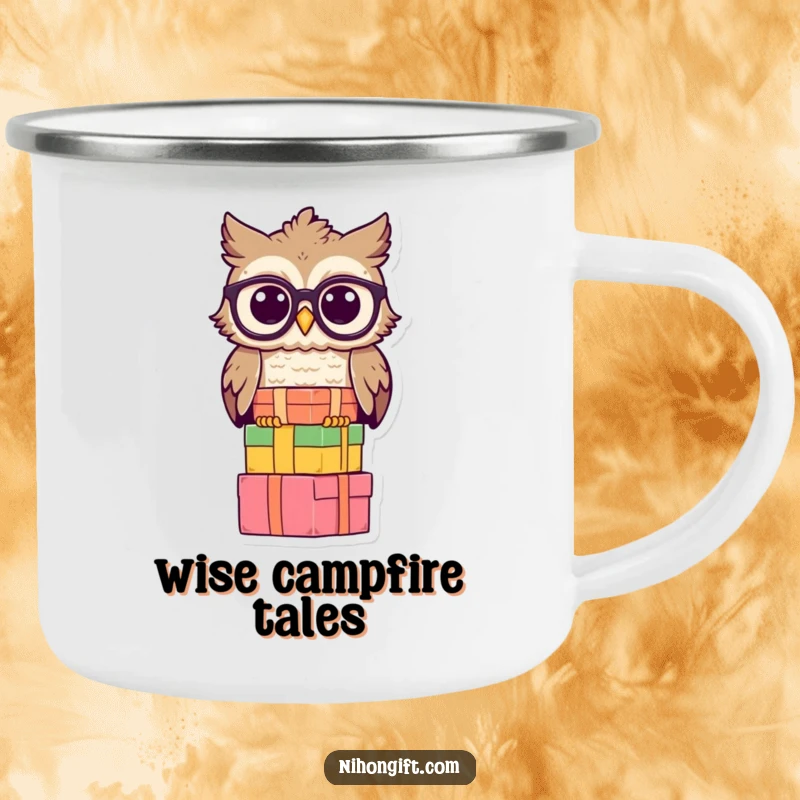 Funny owl camping mug with a wise owl wearing spectacles balancing gift boxes, great for outdoor enthusiasts.