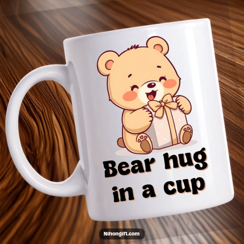 Funny bear mug showing a little bear enthusiastically opening a wrapped gift, conveying excitement and good cheer.