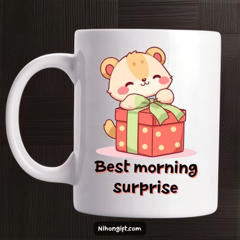 Funny mug with a cute animal happily unwrapping a beautifully tied gift box, perfect for gift-giving occasions.