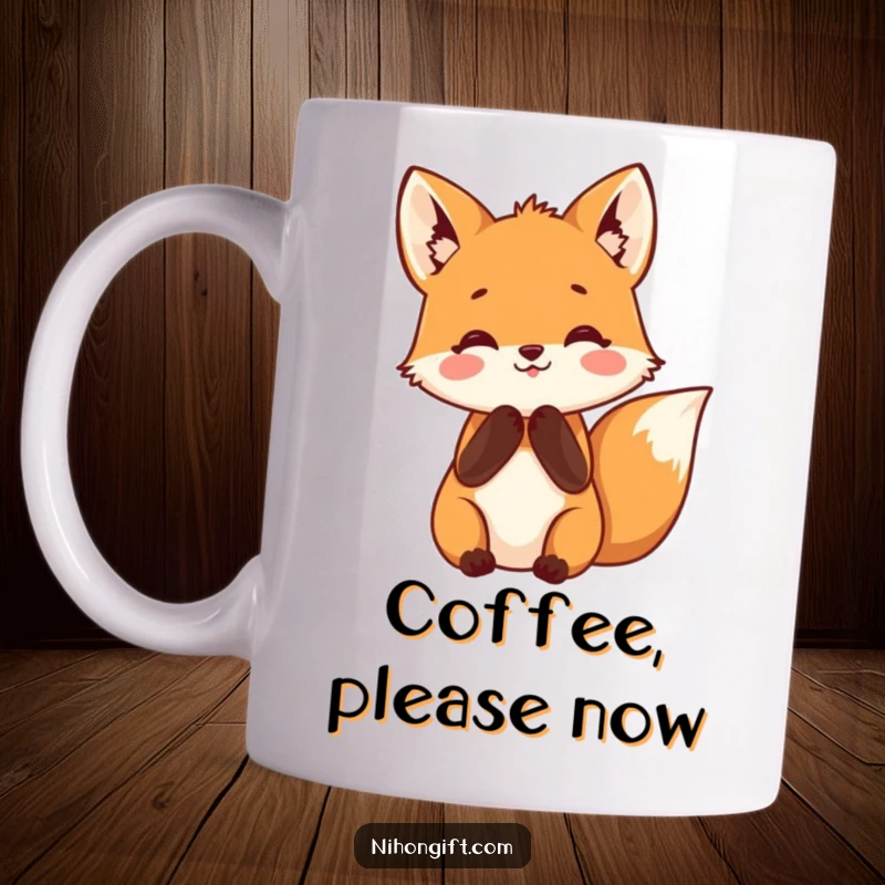 Funny fox mug with paws clasped in happy anticipation, conveying joy and eagerness for a surprise, a great gift.