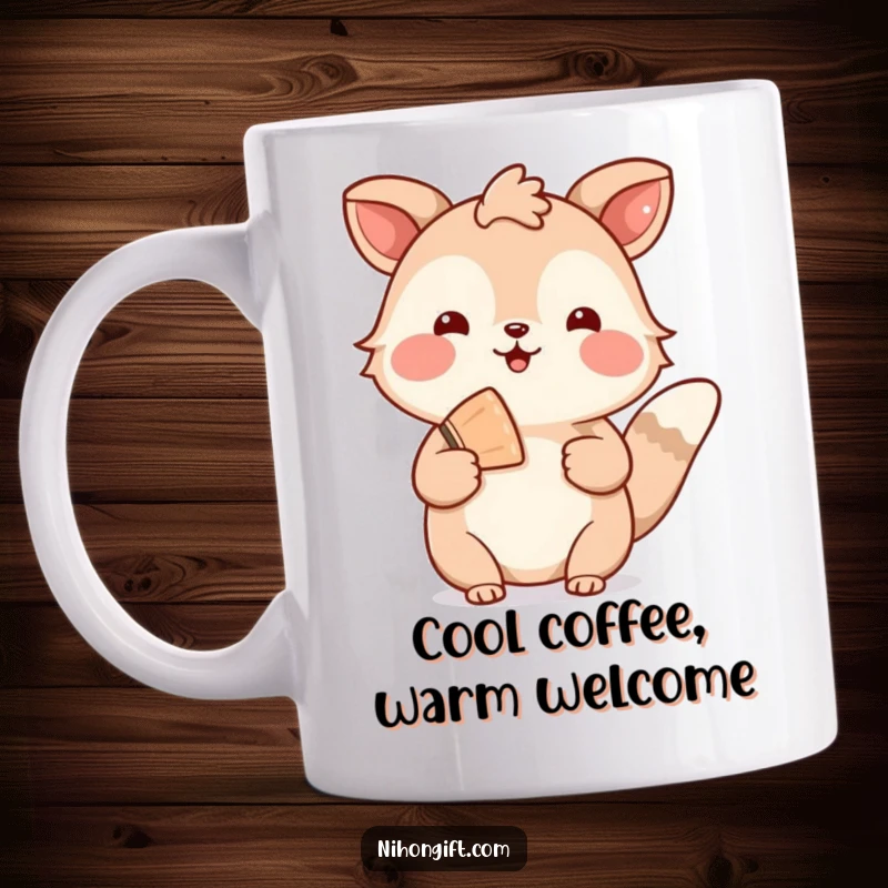 Funny mug showing a friendly animal extending a warm welcome with a small, decorative fan, radiating hospitality.