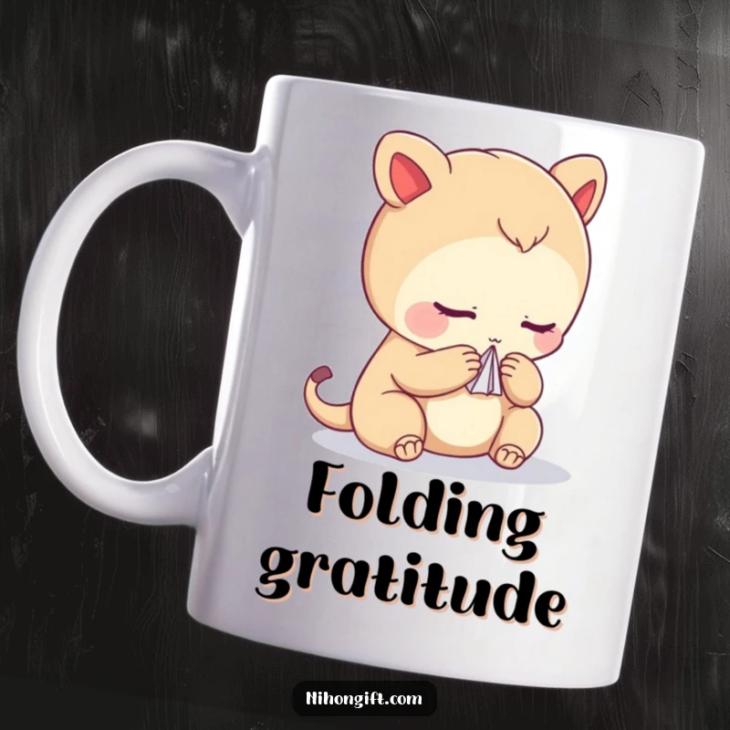 Funny mug depicting a respectful creature bowing gracefully while holding a small, intricately folded paper crane.