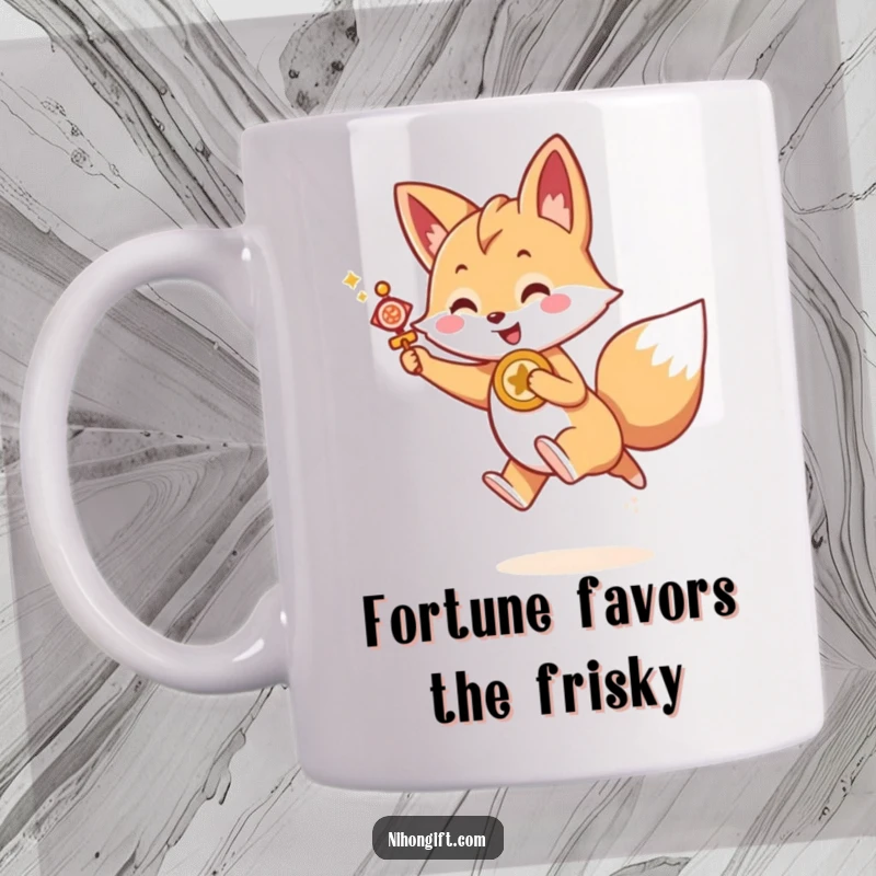 Funny Kawaii fox holding a lucky charm, joyfully leaping forward with excitement, a charming funny gift.