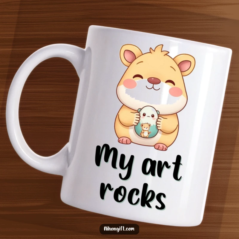 Funny mug with a happy animal showing off a small painted ceramic figure, celebrating artistic achievement and creativity.