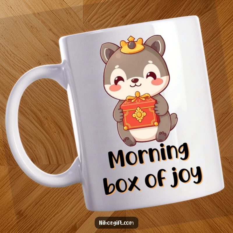 Funny mug with an animal offering a small, ornate box with a gentle smile, perfect for gift-givers.