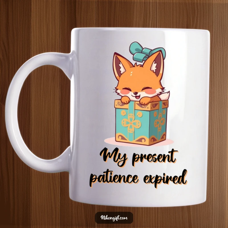 Funny fox enthusiastically tearing open a grand, fancy gift box on this mug, embodying pure surprise and joy.