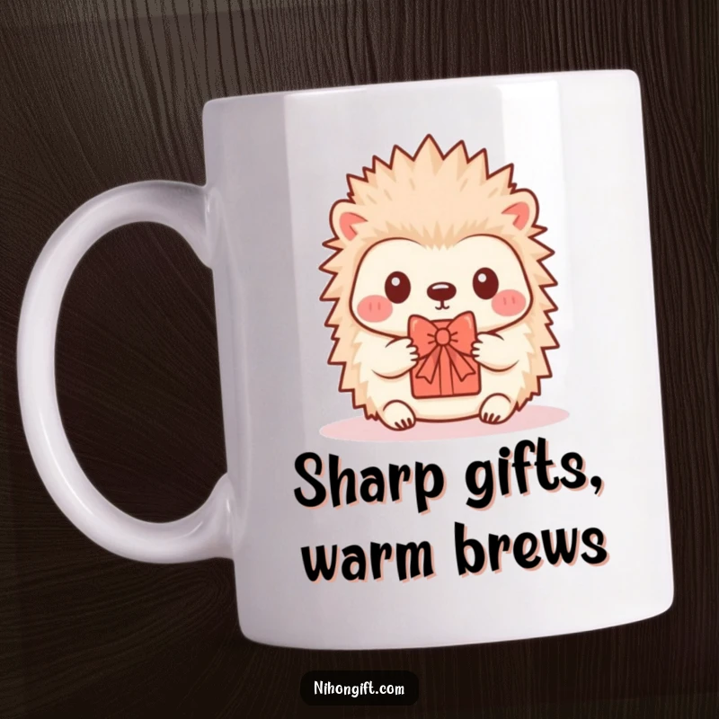 Funny Hedgehog Mug: A kawaii hedgehog happily offers a tiny, beautifully decorated gift with a bow.