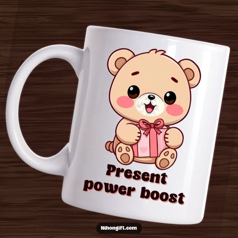 Funny Kawaii Bear Mug featuring a happy bear with a wide smile, holding a beautifully wrapped present, radiating pure delight.