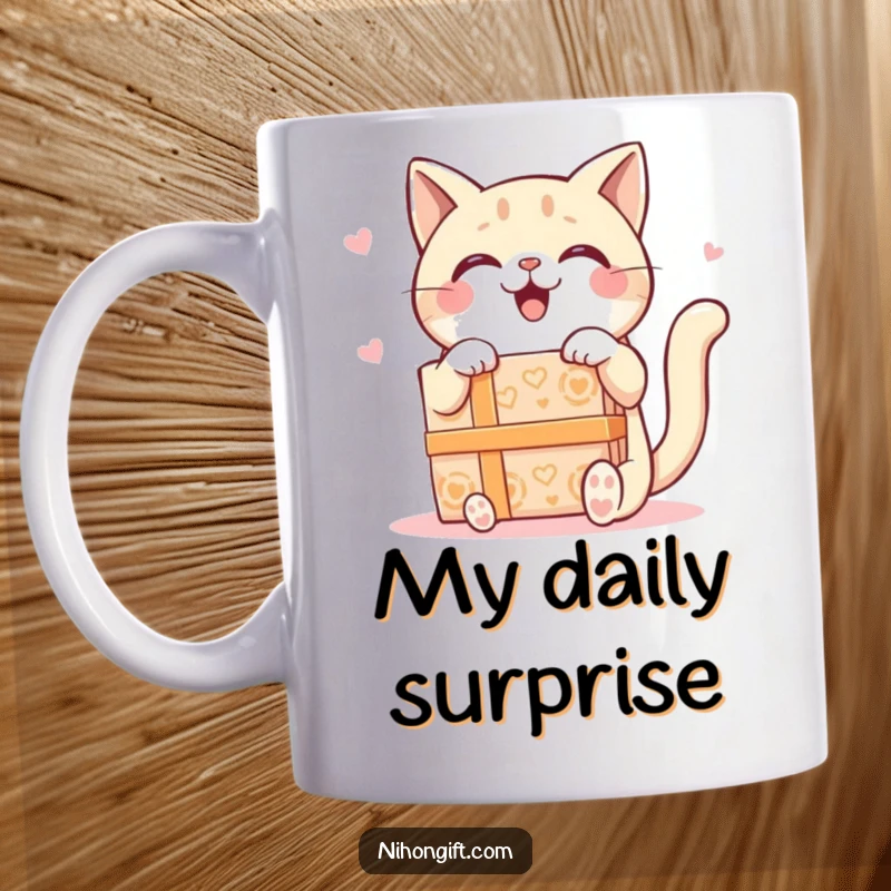 Funny Kawaii Cat Mug showing a happy cat receiving a giant ornate gift box with wide eyes and sheer delight, celebrating joy.