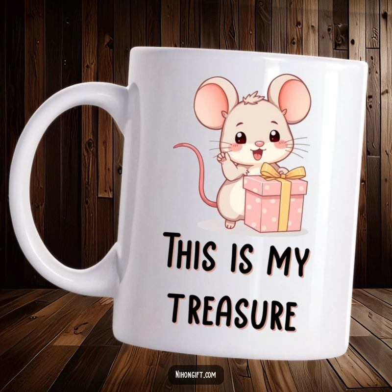 Funny kawaii mouse excitedly pointing at a wrapped gift on a mug, capturing anticipation and gift-giving joy.