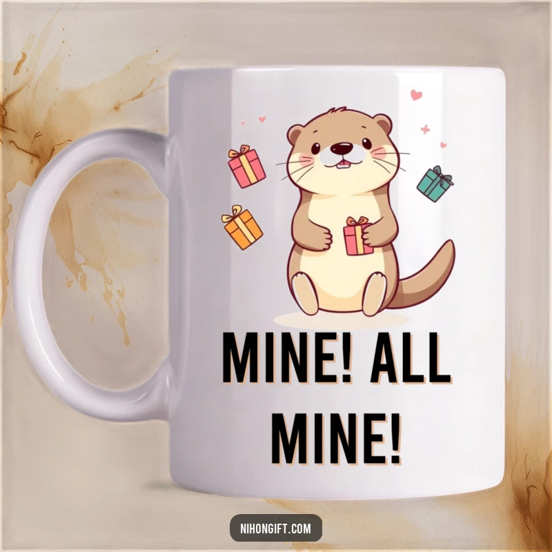 Funny Kawaii Otter Mug: Cute otter artistically juggling colorful gift boxes, radiating happiness and playful energy.