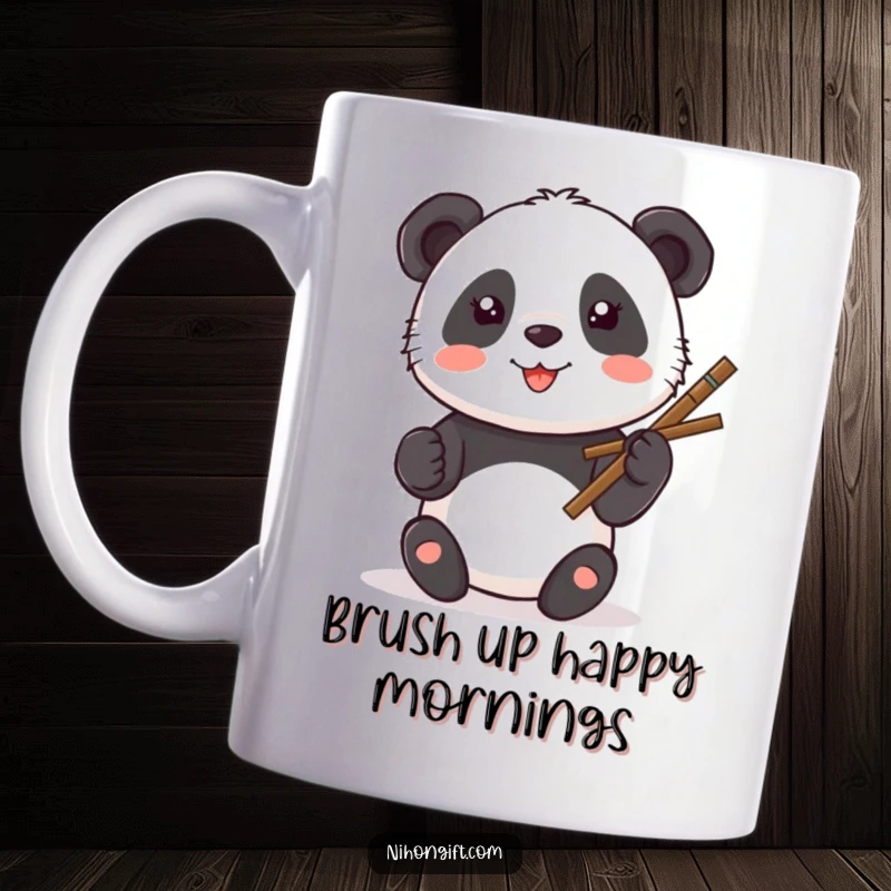 Funny Kawaii Panda Mug with a cute panda holding a calligraphy brush and painting a smiley face.