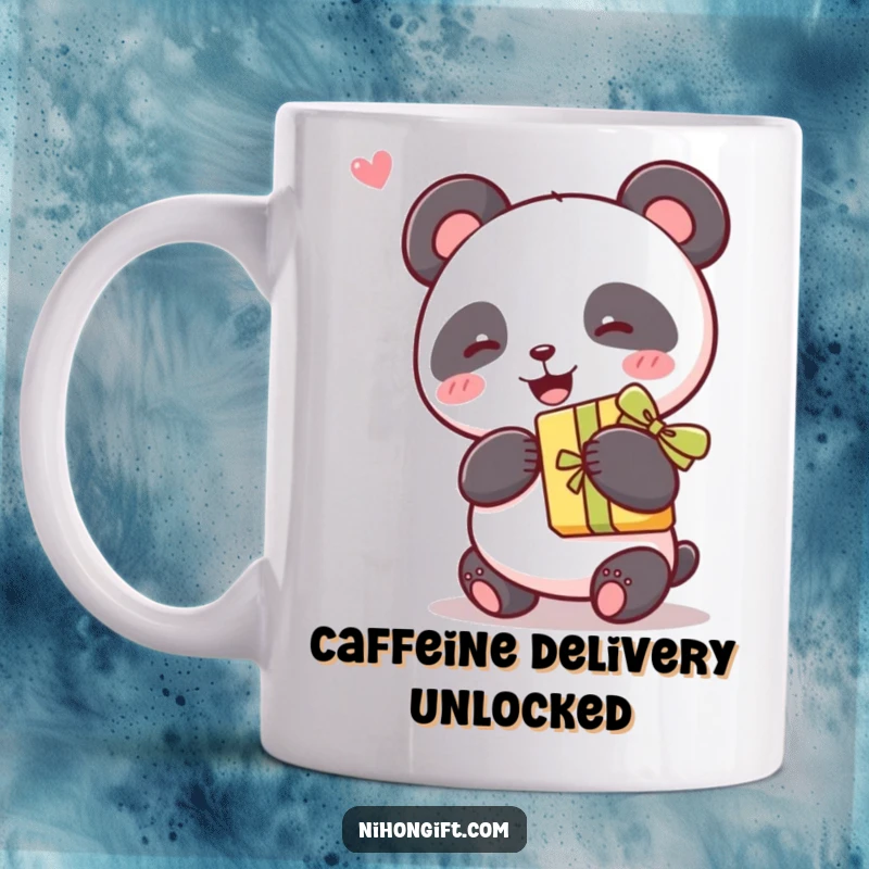 Funny kawaii panda joyfully holding a gift with a ribbon on a mug, radiating happiness and festive cheer.