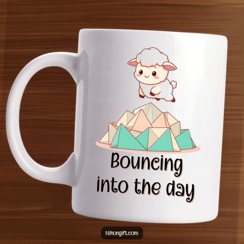 Funny Kawaii Sheep Mug with a cute sheep bounding over a pile of folded origami.