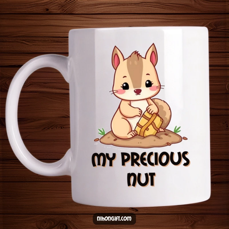 Funny kawaii squirrel diligently burying a small, wrapped gift, looking cute and humorous on a mug.