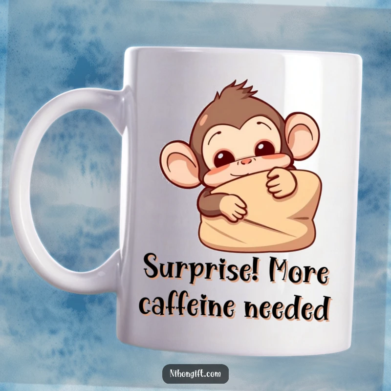 Funny monkey mug showing a playful primate peeking from behind a wrapped gift, perfect for pranksters.