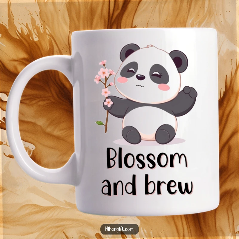 Funny panda mug showing a shy panda gently offering a delicate cherry blossom branch as a gift, embodying peace and thoughtful giving.