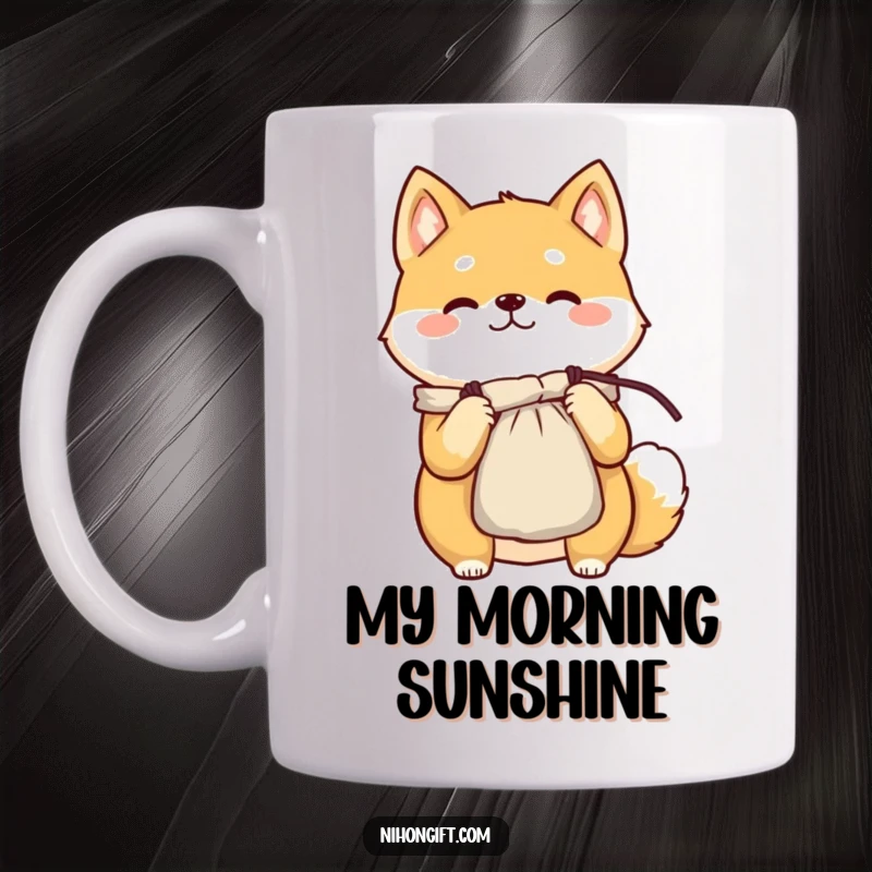 Funny cheerful Shiba Inu character proudly holding out a delicate silk pouch on this mug, radiating pride.