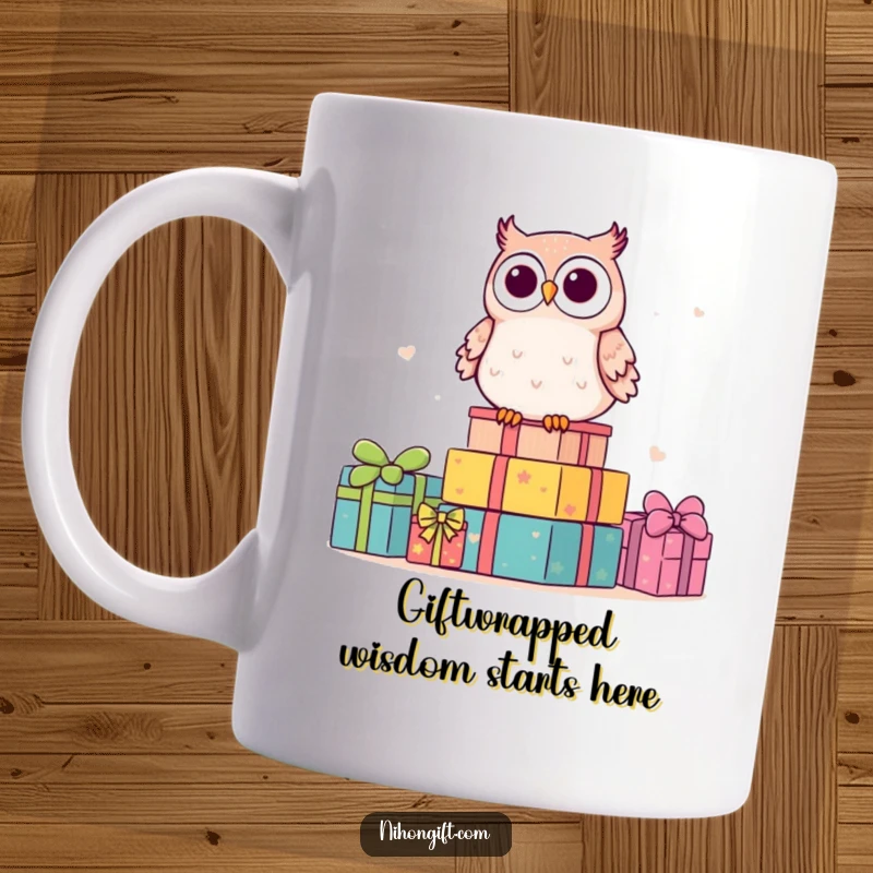 Funny kawaii owl perched happily on a stack of colorful gifts, exuding joy and humor on a mug.