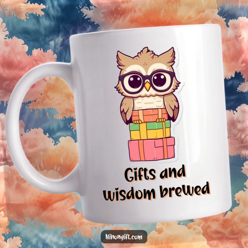Wise owl mug with spectacles balancing a stack of gift boxes, perfect for smart and gifting individuals.