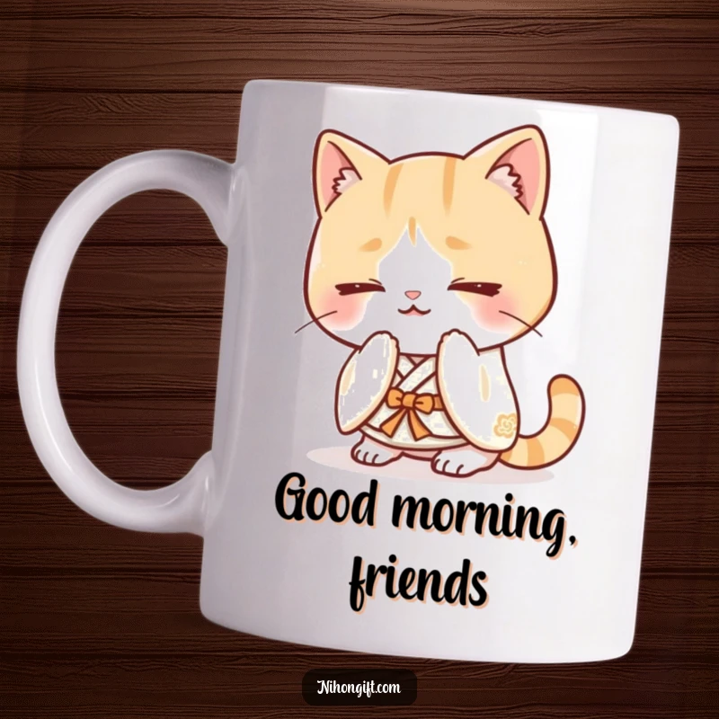 Funny kawaii cat wearing a small kimono, happily bowing, depicted on a mug.