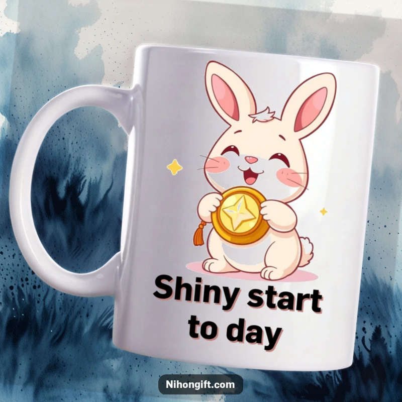 Funny mug featuring a happy bunny presenting a shiny, auspicious trinket with a big smile, symbolizing good luck.
