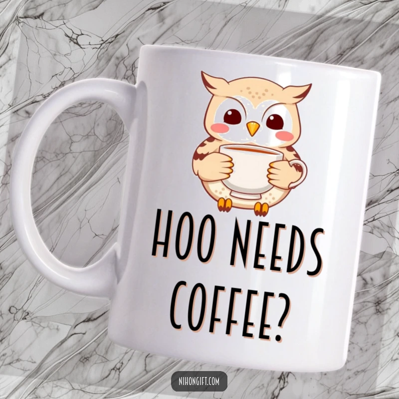 Funny Owl Tea Mug: A cheerful little owl carefully delivers a delicate ceramic tea cup, ready for sipping.